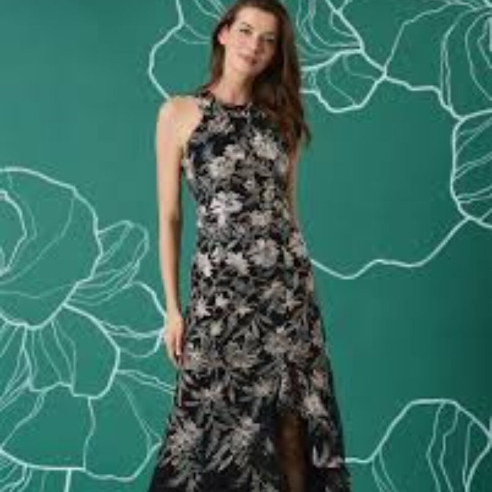 Maggy London Nissa embroidered black mesh gold halter dress gown size 10